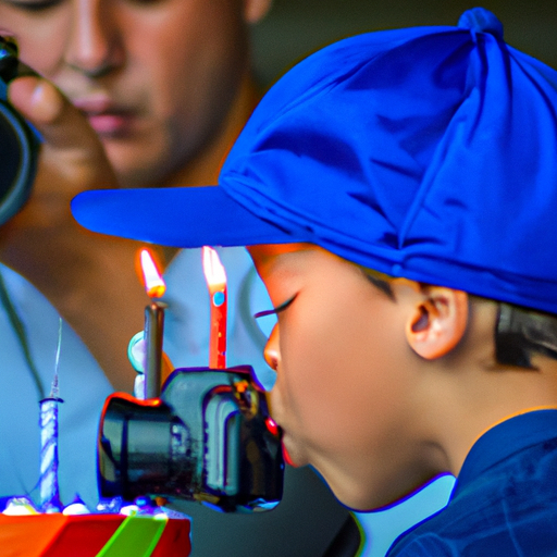 1. תמונה שבה נראה צלם לוכד ילד מכבה נרות יום הולדת, מדגיש את חשיבות התזמון.
