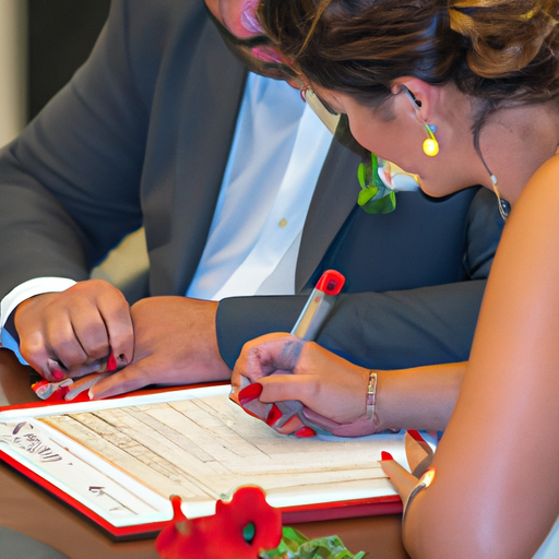 1. תמונה שבה נראה זוג חותם על מסמכי נישואיהם במשרד של עיריית קפריסין.