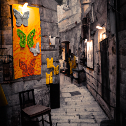 1. תמונה המציגה מיצב אמנותי תוסס המוצג בסמטה צרה של ירושלים.