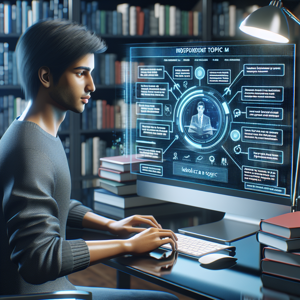 איור של תלמיד בוחר נושא למשימה עצמאית באמצעות מערכת AI מותאמת אישית.